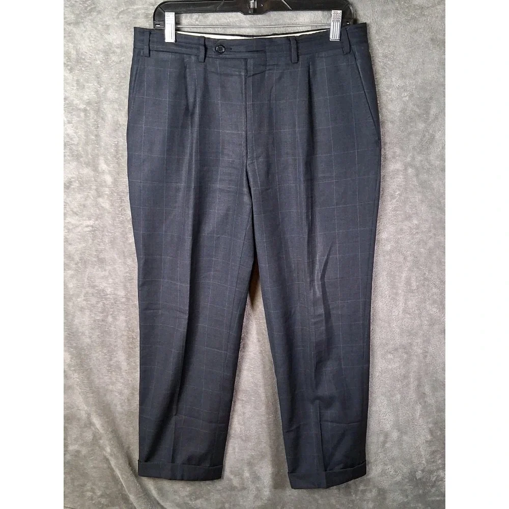 Canali Dress Pants Mens 34x28 Charcoal Gray Windowpane Cuffed Suit Pants